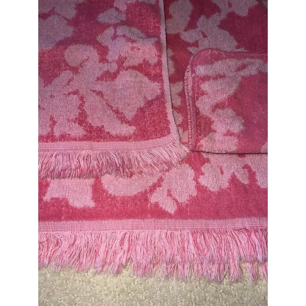 Vtg Cannon Monticello Pink Floral Sculpted Bath Hand Towel Washcloth Set MCM 3pc